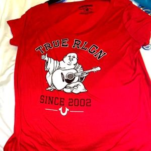 Red true religion T-shirt with rhinestones